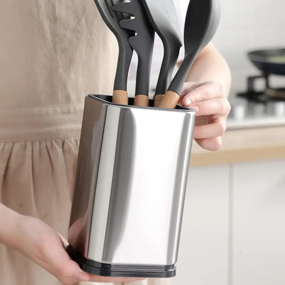 Kitchen Utensil Holder for Countertop – Stainless Steel Cooking Utensil Organizer with Drain Hole