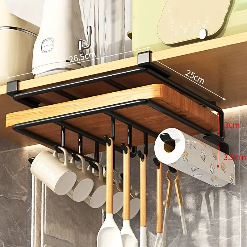 Kitchen Hanging Organizer Rack with Hooks – Under-Cabinet Storage for Cutting Boards, Towels, and Lids