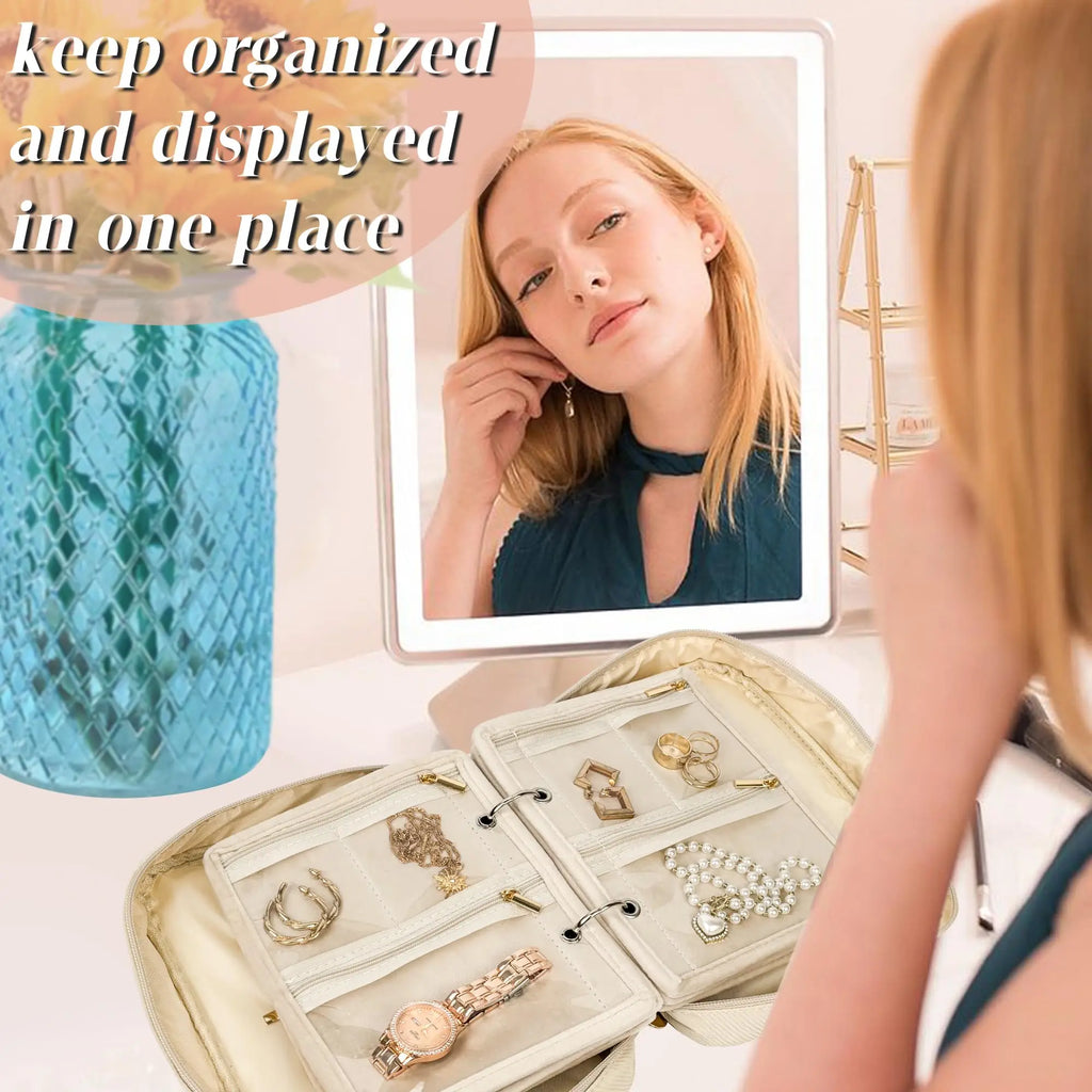 Travel Jewelry Organizer Case – Book Binder with Velvet Zipper Pouches for Earrings, Rings, and Necklaces