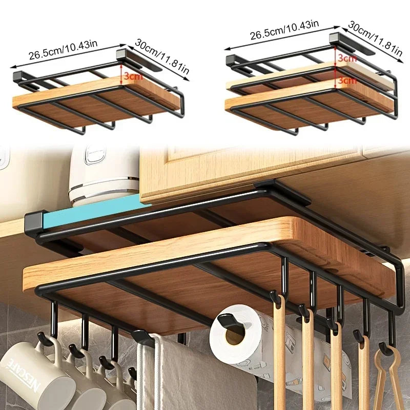 Kitchen Hanging Organizer Rack with Hooks – Under-Cabinet Storage for Cutting Boards, Towels, and Lids