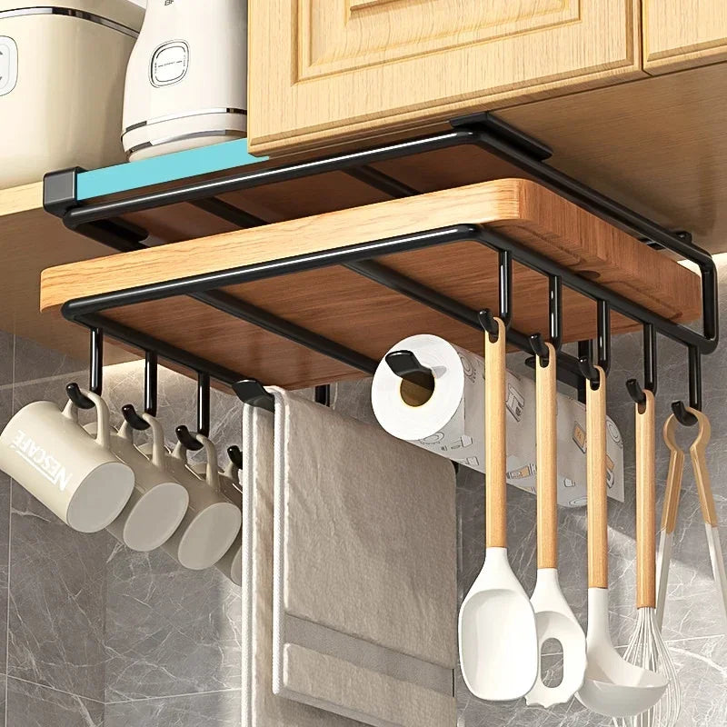 Kitchen Hanging Organizer Rack with Hooks – Under-Cabinet Storage for Cutting Boards, Towels, and Lids