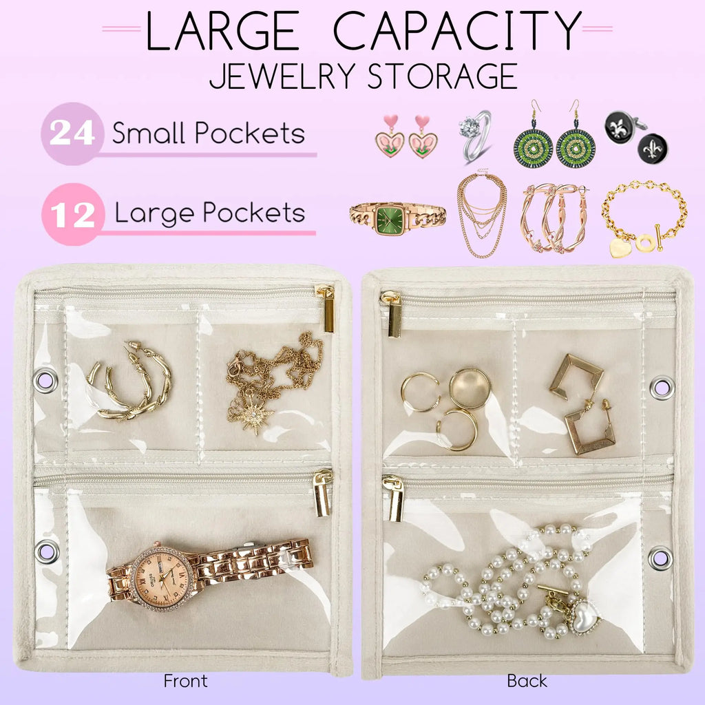 Travel Jewelry Organizer Case – Book Binder with Velvet Zipper Pouches for Earrings, Rings, and Necklaces