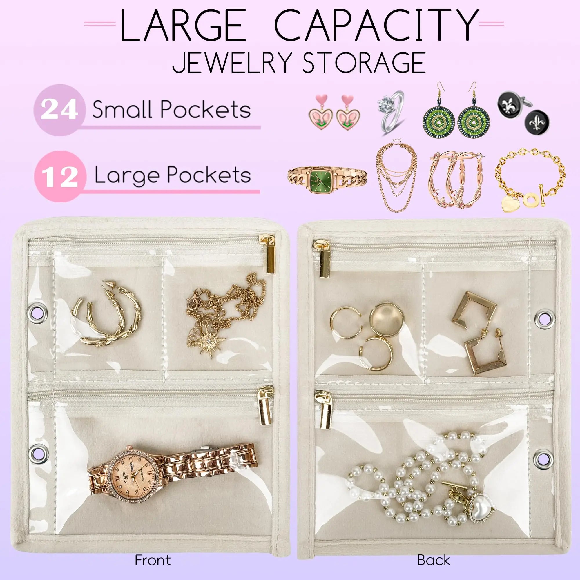 Travel Jewelry Organizer Case – Book Binder with Velvet Zipper Pouches for Earrings, Rings, and Necklaces