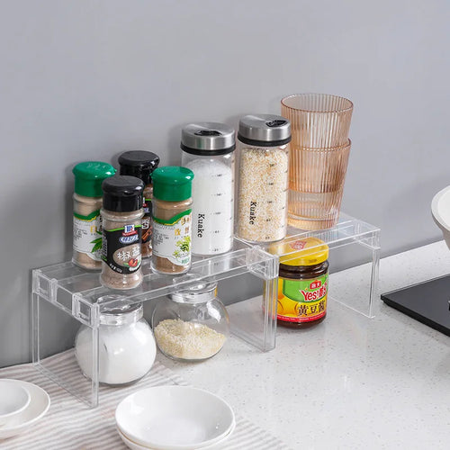 Clear Expandable Cabinet Organizer – Spice Rack and Dish Divider for Kitchen and Bathroom