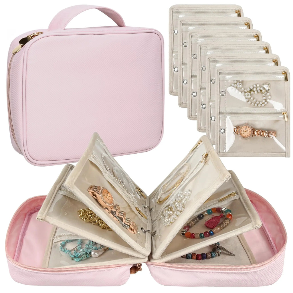 Travel Jewelry Organizer Case – Book Binder with Velvet Zipper Pouches for Earrings, Rings, and Necklaces