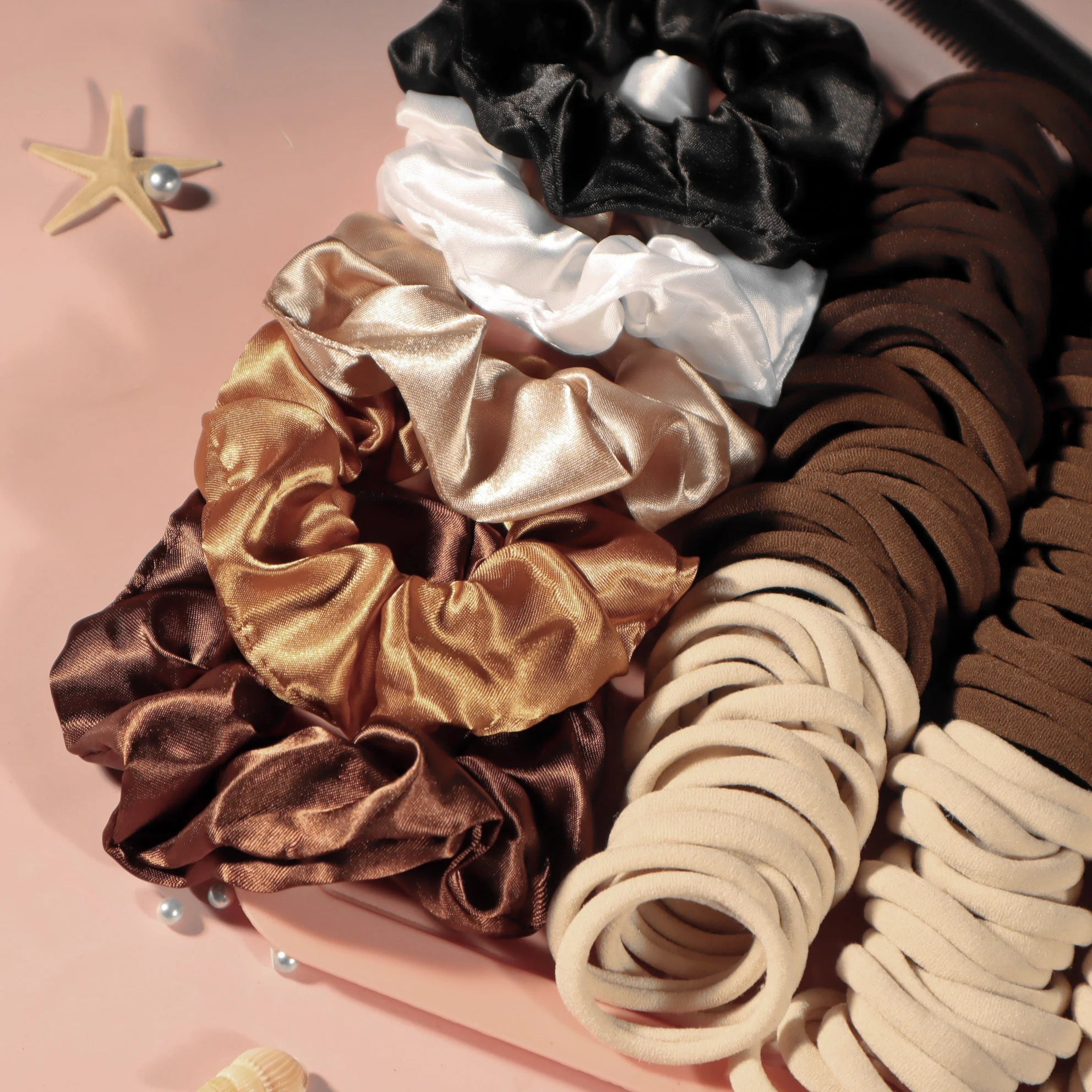 Satin Scrunchies & Hair Ties Set for Women – Seamless Ponytail Holders (55pcs)